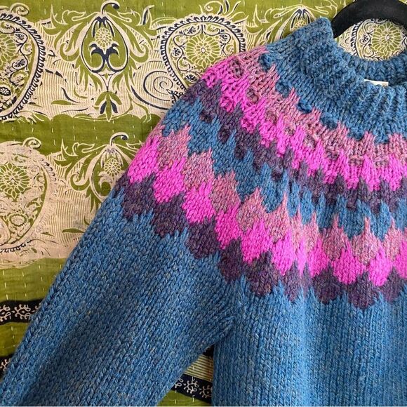 Vintage Danspin Sweater Market Wool Blue Fair Isle Pullover Sweater Size Medium - Picture 7 of 13